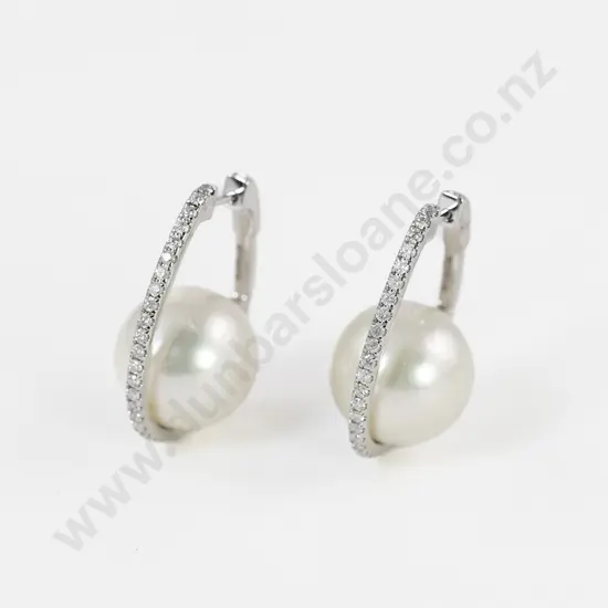 Pair 14ct White Gold South Sea Pearl and Diamond Earrings