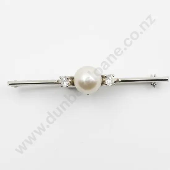 18ct White Gold & Platinum Single Cultured Pearl and Diamond Bar Brooch