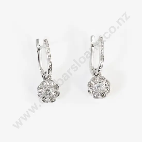 Pair 18ct White Gold Diamond Hoop Cluster Pendant Earrings
