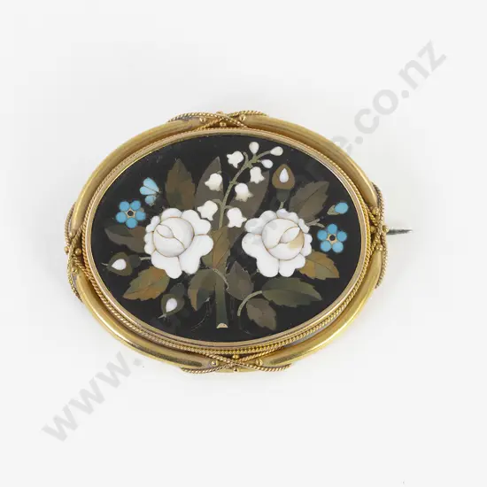 Vict 15ct Frame Pietra Dura Mosaic Brooch oval panel of roses