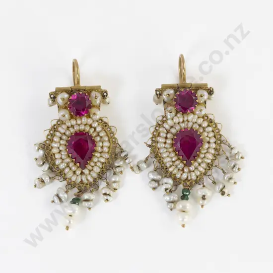 Pair Antique 14ct Indian Pearl and Ruby Paste Pendant Earrings