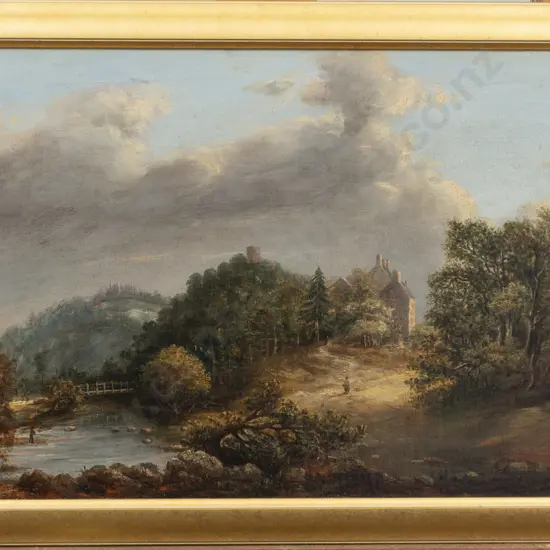 C19th Unknown Artist - Wooded Landscape with Castle & Figures