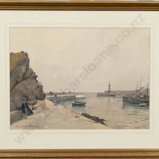 C19th French -  Portside Scene with Lighthouse & Figures
