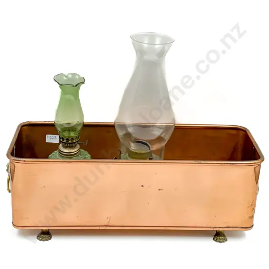 Copper & Brass Plant Trough together with Two Kerosene Lamps