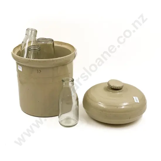 Quantity of Assorted Vintage Milk Bottles & Stoneware Hot Water Crock