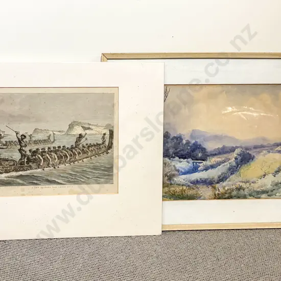 M C Smith - Landscape together with C19th Coloured Engraving