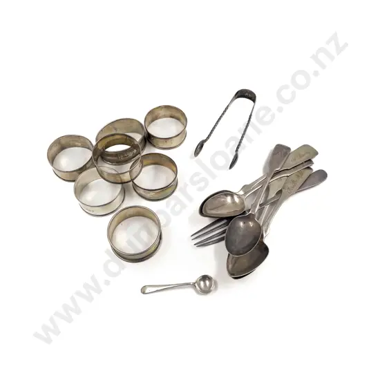 Six S/S Napkin Rings with Assorted S/S Spoons & S/S Sugar Tongs etc