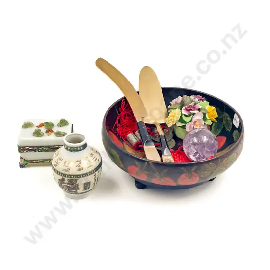 Egyptian Style Vase with Trinket Box in Wooden Bowl etc