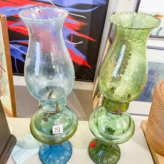 Two Coloured Glass Kerosene Lamps
