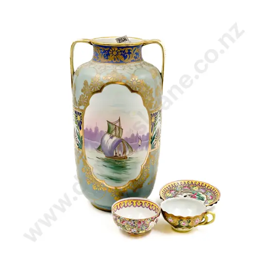 Large Handpainted Double Handled Vase together with Two Cups & Saucers