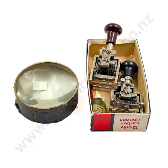 Large Vintage Lens with Box of Two Date Stamps