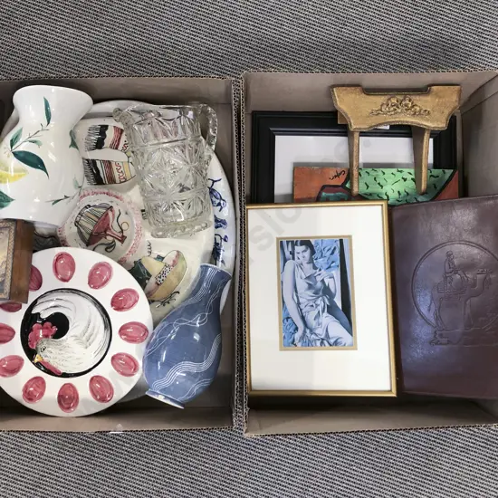 Two Boxes of Assorted Pottery incl Framed Works etc