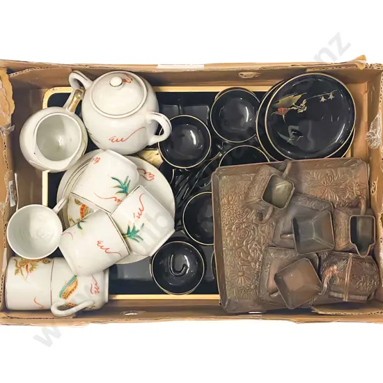 Three Assorted Oriental Metal Lacquer and China Toy Tea Sets