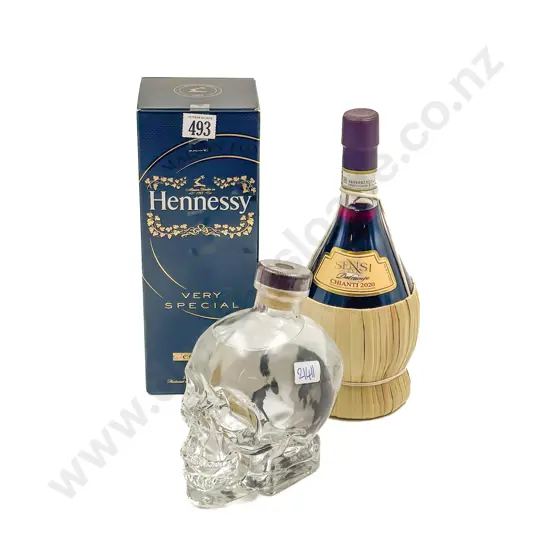 Boxed Hennessy Cognac together with 2020 Chianti & Crystal Head Vodka