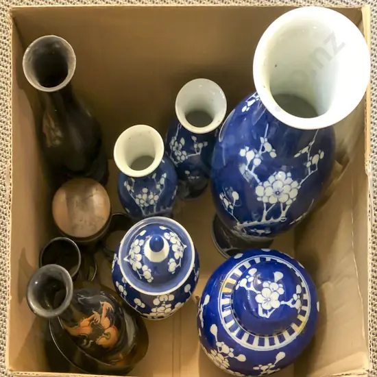 Five Pieces of Blue & White with Assorted Lacquer Ware