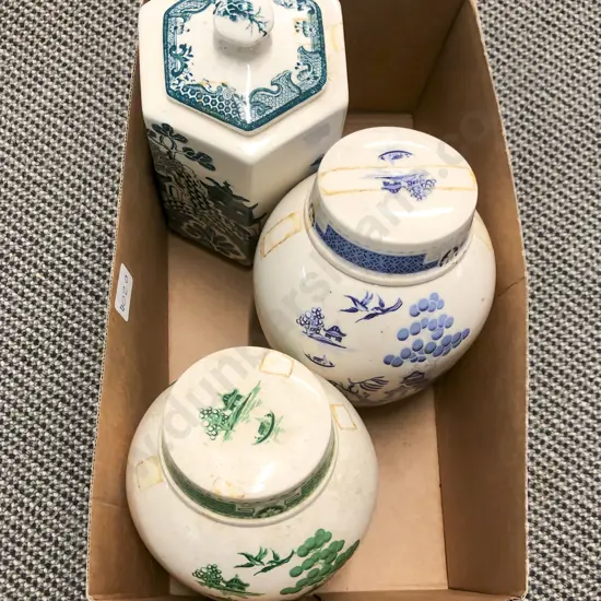 Two Ginger Jars with Masons Blue & White Storage Jar