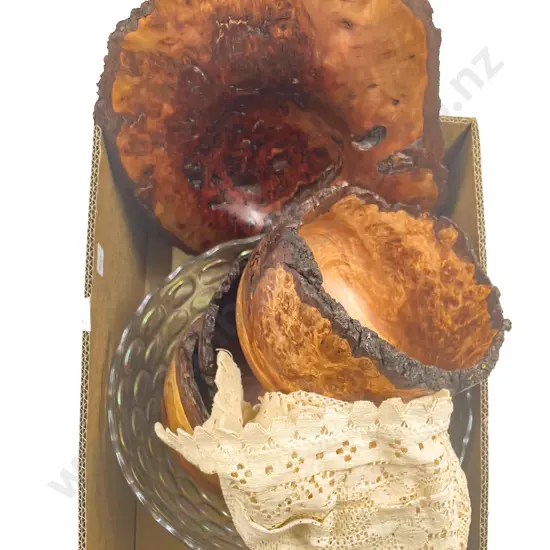 Four Kemp Lenihan Turned Wooden Bowls with Glass Bowl etc