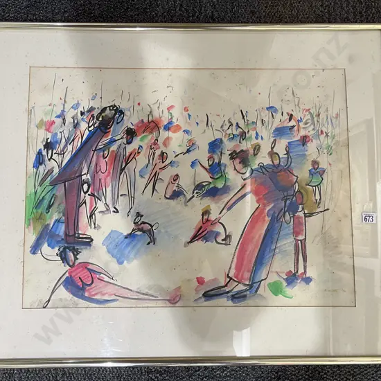 Sally Eden W/C and Pastel Figural Abstract Work on Paper