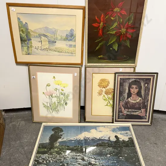 Three Assorted Botanical Studies with Three other Framed Works