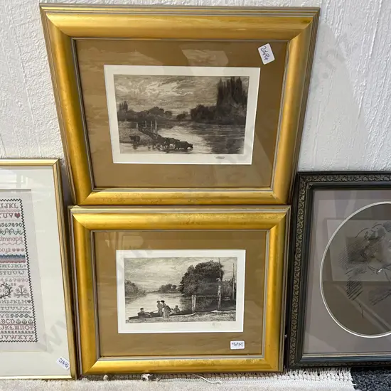 Two Framed Etchings together with Tapestry and Other