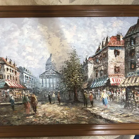 Large Oil on Canvas Street Scene - Signed Burnett