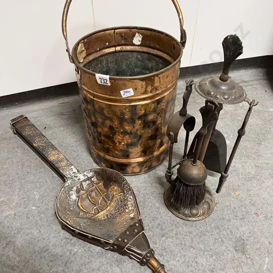 Copper Coal Bucket with Fire Tidy Set and Bellows