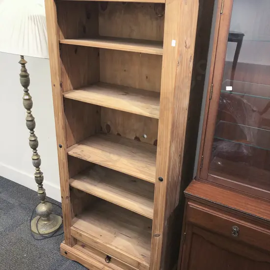 Pine Open Front Bookcase with Single Drawer to Base