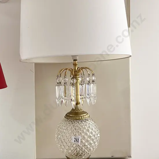 Brass Table Lamp with Crystal Droplets and Centralized Pressed Glass Orb