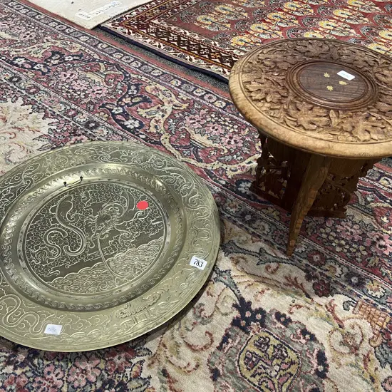 Heavy Brass Charger and Small Carved Folding Occ.table