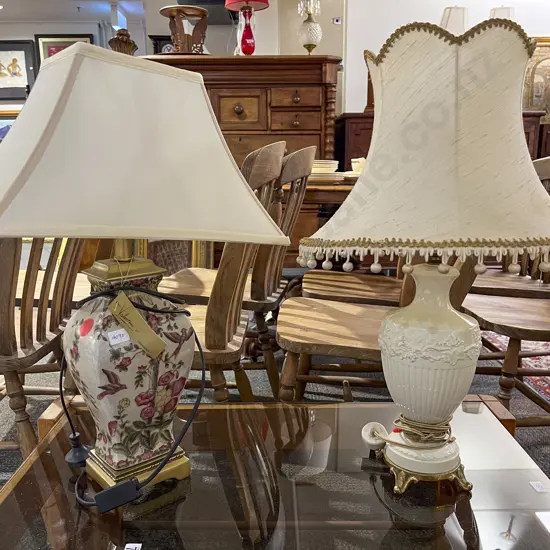 Hand Painted Crackle Glazed Vase Form Table Lamp Together with Wedgwood Table Lamp