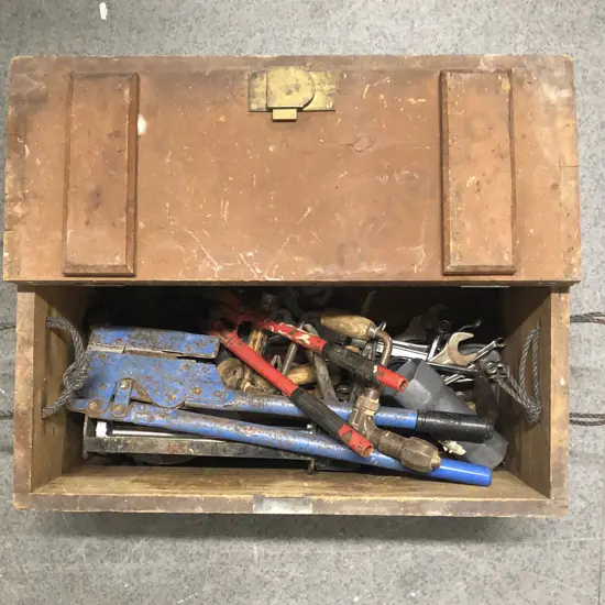 Vintage Wooden Toolbox with Various Tools