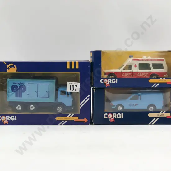 Corgi Three Boxed Models Mercedes Truck Ambulance and Tele Escort