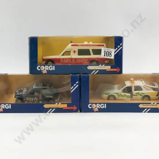 Corgi Three Boxed Models Ambulance Ford Sierra Pace Car and Renault