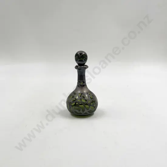 Silver Overlaid Green Glass Scent Bottle