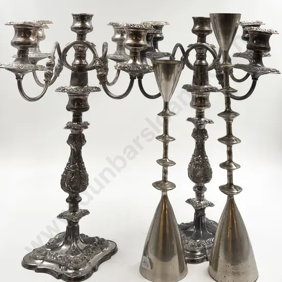 Pair of Plated Ornate Five Light Candelabras together with Other Graduated Pair of Candlesticks