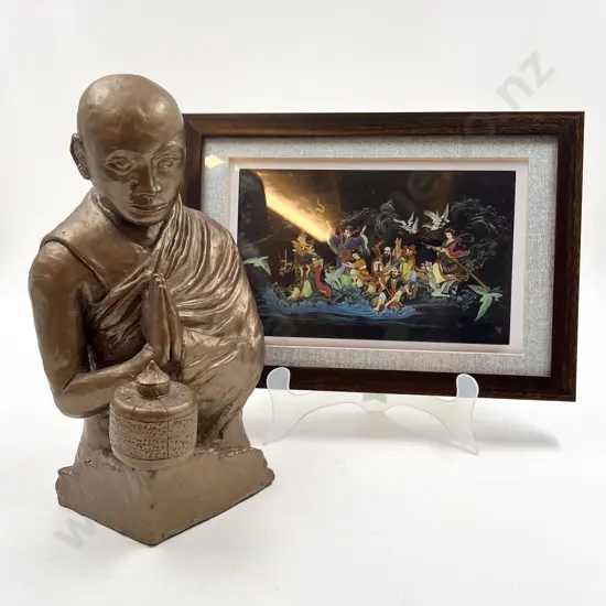 Sculpture of Tibetan Monk and Prayer Wheel together with Japanese Print on Lacquered Panel