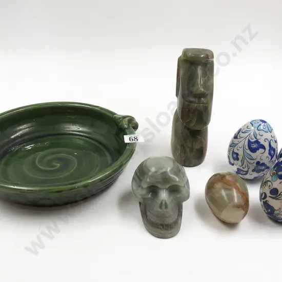 Three Assorted Hard Stoned Ornaments together with Ceramic Eggs Etc.