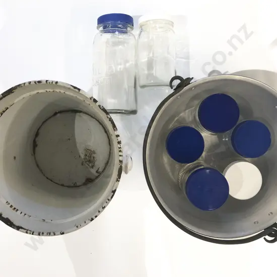 Enamel Bucket Together with Jam Pan and Assorted Agee Storage Jars