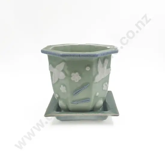 Celedon Glazed Small Planter and Associated Tray