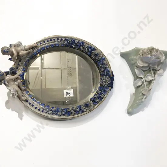 Floral and Figural Fancy China Wall Mirror Together with Floral Decorated Wall Pocket