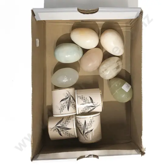 Qty of Hardstone Egg Ornaments and Fancy China Coffee Cans