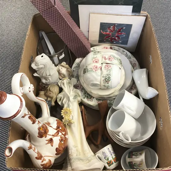 Box of Assorted China and Ornaments incl Royal Dux Cat Ornament