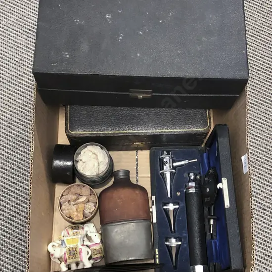 Box Lot of Assorted incl Vintage Flask