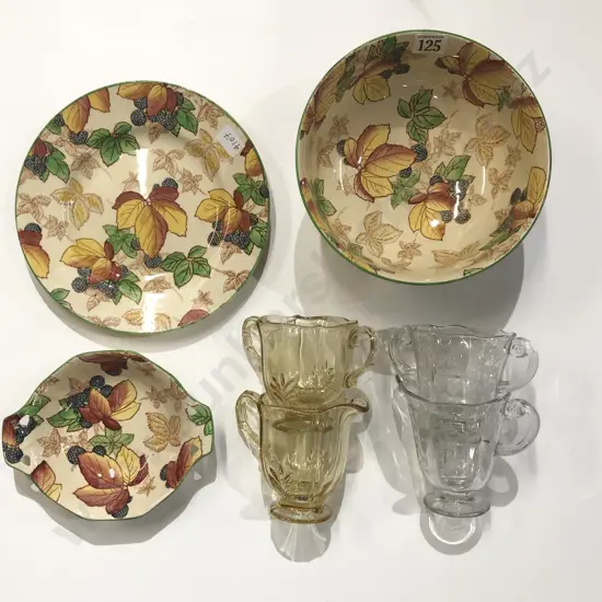 Three Pieces of RD "Blackberry" Pattern China together with Assorted Pressed Glassware