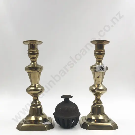 Pair of Brass Candlesticks Together with Meditation Bell