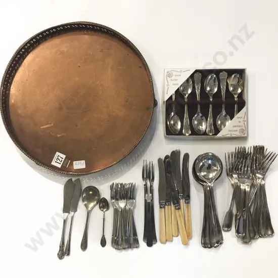 Qty of Assorted Cutlery on Circular Copper Gallery Tray