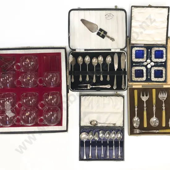 Qty of Assorted Boxed Cutlery Etc. Together with Glass Punch Cups Etc.