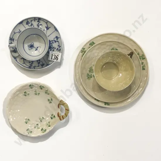 Belleek Fancy China Trio with Dish together with Small Blue and White Cup and Saucer