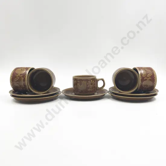 Set of Five Mid Century Stoneware Coffee Cups and Saucers