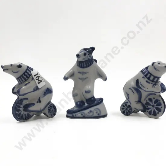 Set of Three Blue and White Russian Polar Bear Ornaments